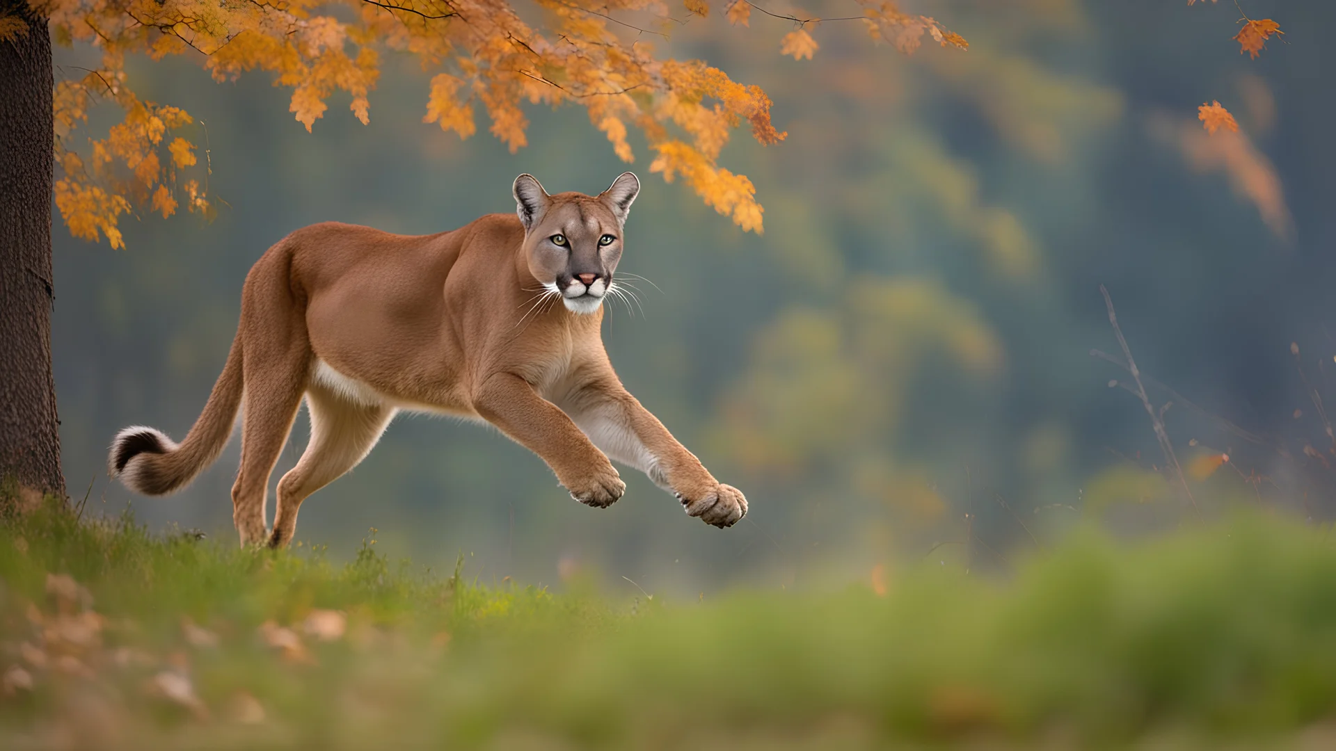 A mountain lion chasing a white tail deer, dynamic action, jumping, splashes of leaves, nature photography, raking light, blue lights in the background --ar 16:9 --style raw --v 6.0