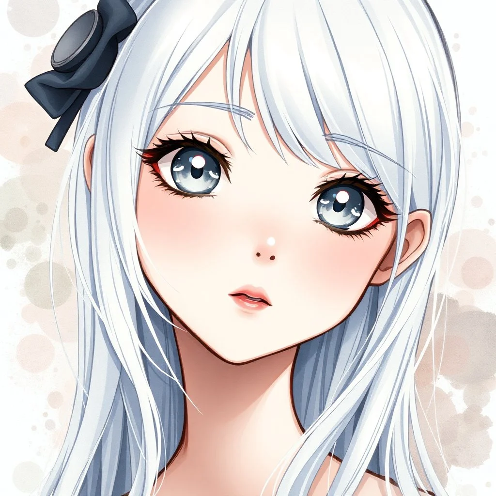 a close-up headshot of a kawaii shy young woman with long white hair, silver eyes with long lashes, slim delicate build, sickly complexion, soft, anime style, intricately detailed, splotchy watercolor background, adorable, cute