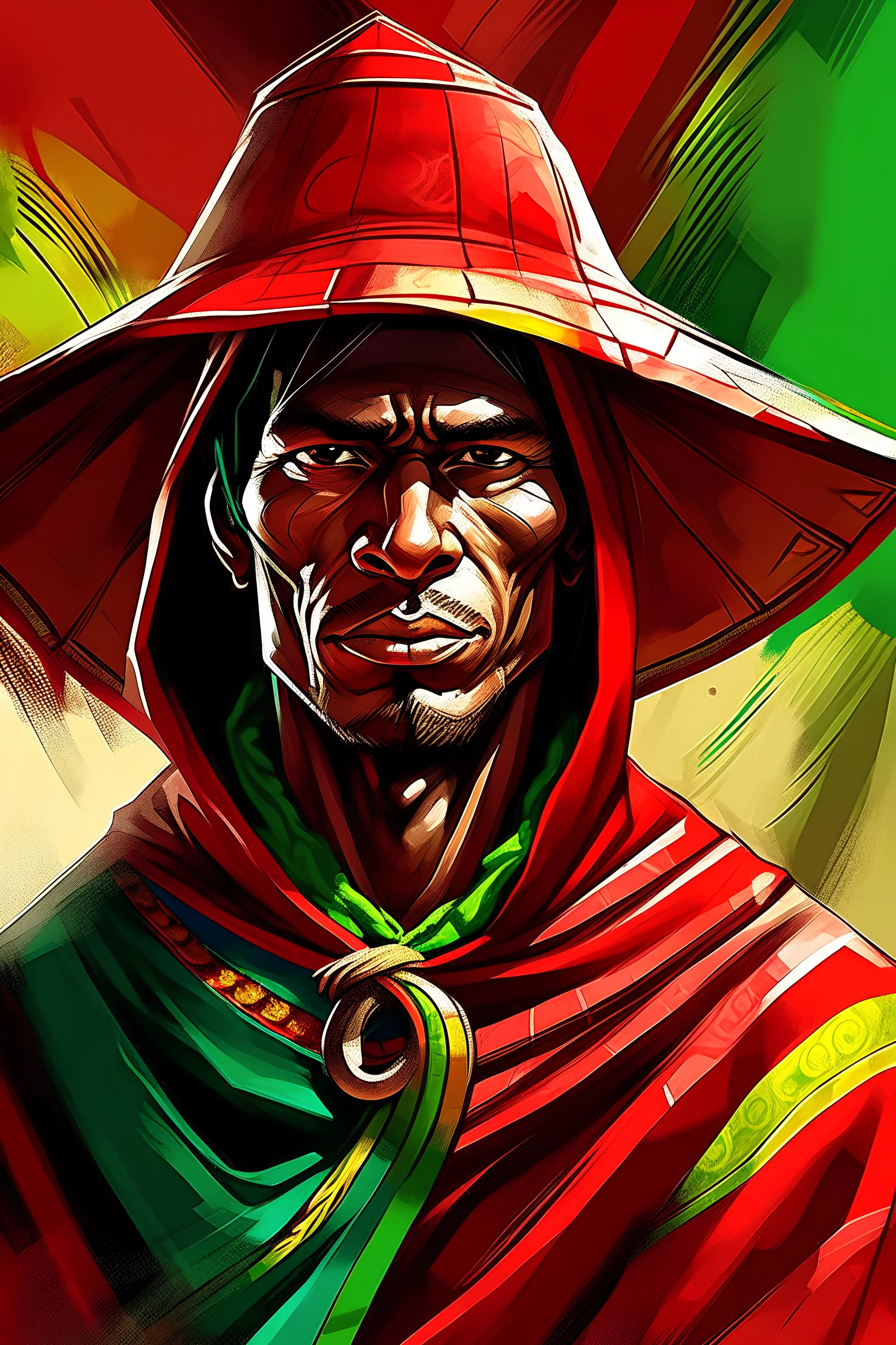 Digital art, high quality, digital masterpiece, natural illumination, Colorful, Comicbook style, epic film style, (upper body:1), (1 Peruvian man dressed with a poncho and a chullo:3), (Red and Black poncho:1.5), (White sombrero on the Chullo:1.8), (looking up with his fist up: 3)