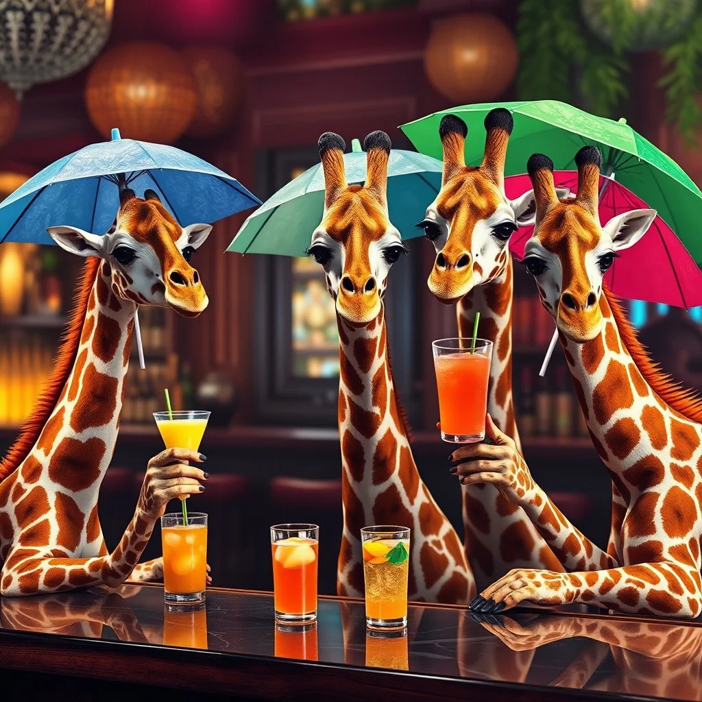 very Gay Giraffes standing in a bar drinking drinks with umbrellas, pride, makeup,
