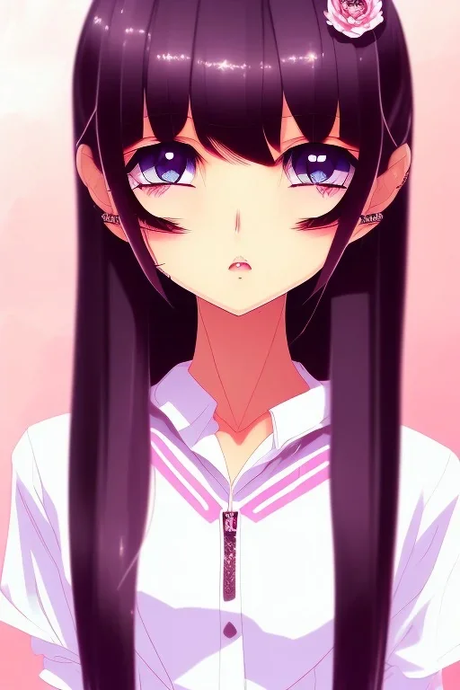 girl, cute, beautiful, black hair, long hair, straight hair, bangs, pink shirt, big eyes, brown eyes, kawaii, close up portrait, anime