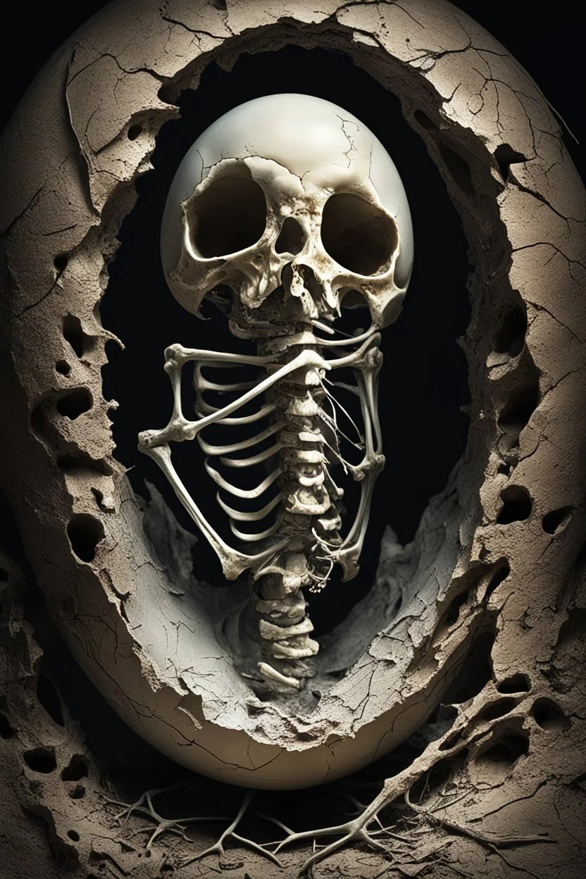 a haunting image of an embryonic human skeleton emerging from a cracked egg