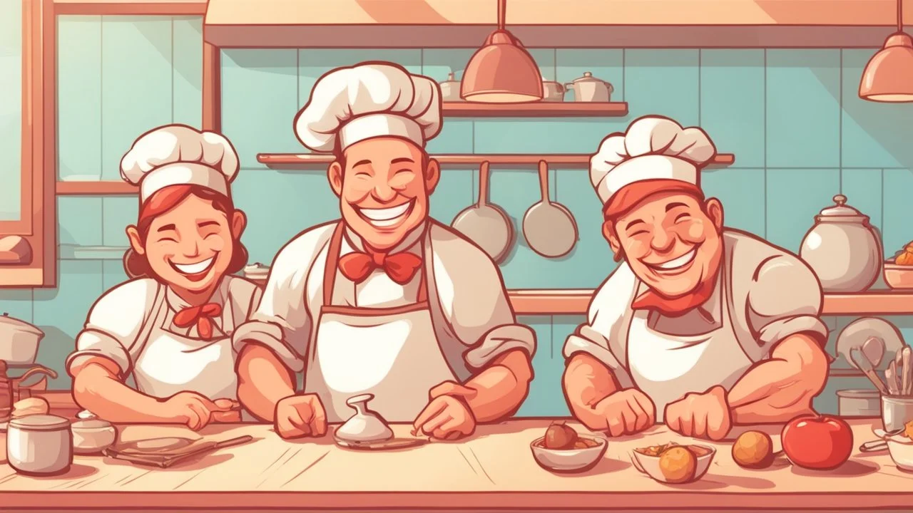 poster illustration of a chef, a boss, a rider, a villager smile together at the kitchen