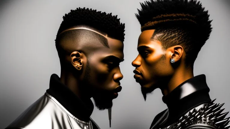 two Afro-American males facing each other in profile, confrontational stance, high-contrast black and white, deep shadows, bright rim lighting, dark studio background, punk spiked mohawk hairstyles, metallic reflective jackets, skin highlights, intricate chrome ear frames and jawline exoskeleton jewelry, biomechanical ear cuffs, sculptural contours, sharp silhouettes, cinematic low-key photography, cyberpunk aesthetic, symbolic duality, tension, dramatic