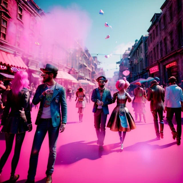 Ultra Realistic photo, medium shot view, drunken dancer women, carnival scene, steampunk. Pink hair, confeti, Sunglasses, smoking, happy, festival, red fog. highly detailed, concept art, unreal engine 5, ray tracing, RTX, lumen lighting, ultra detail, volumetric lighting, 3d, finely drawn, high definition, high resolution.