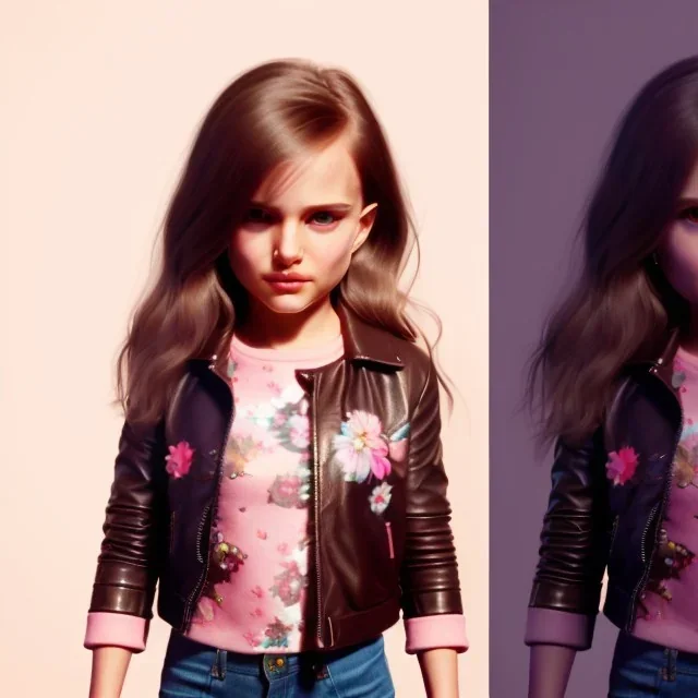 Natalie portman toddler, full body, leather jacket, floral shirt, floral skirt, shoe, soft skin, dramatic lighting, hyper realistic