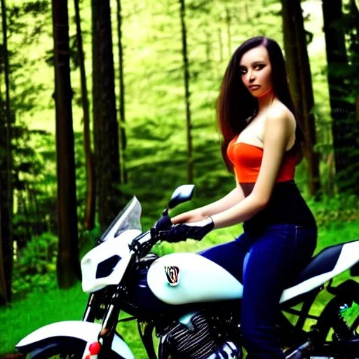 Very attractive woman sitting on a motorcycle. The bike is Yamaha. In the background is a forest.