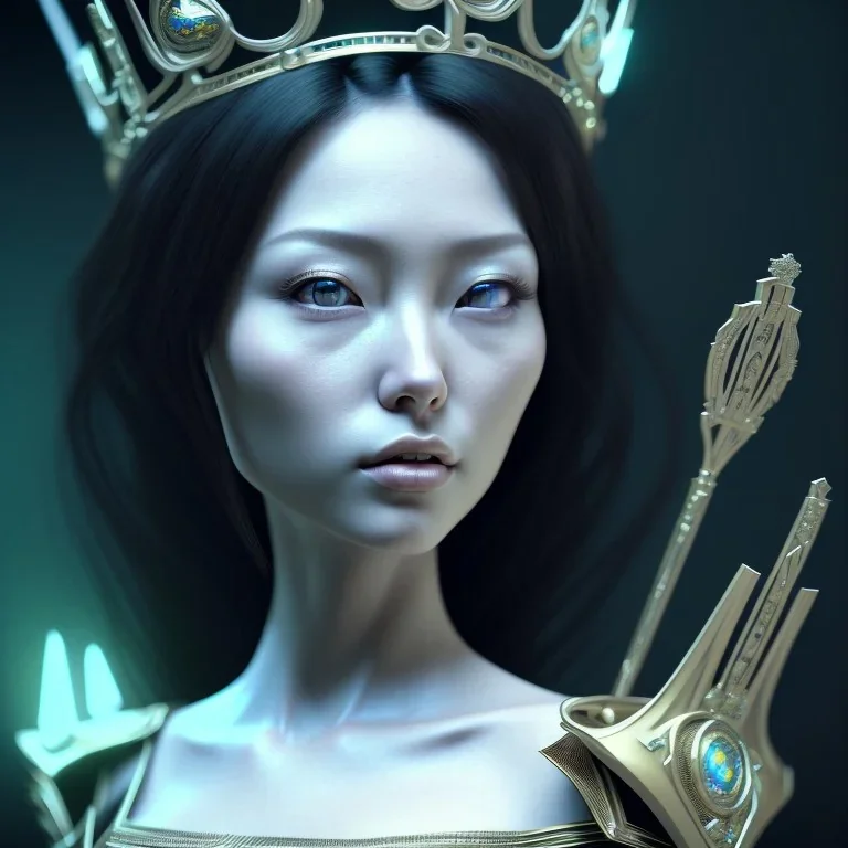 hitomi tanaka face, long black hair, middle body, Unreal Engine 5, highly detailed, highest quality, digital painting, complex 3d render, unreal engine render, insane detail, intricate photograph quality, magnificent, majestic, highly intricate, Realistic photography, grand hall, wicked throne, holding scepter, crown of barbwire, dark color palette, metallic, highly detailed, highest quality, digital painting