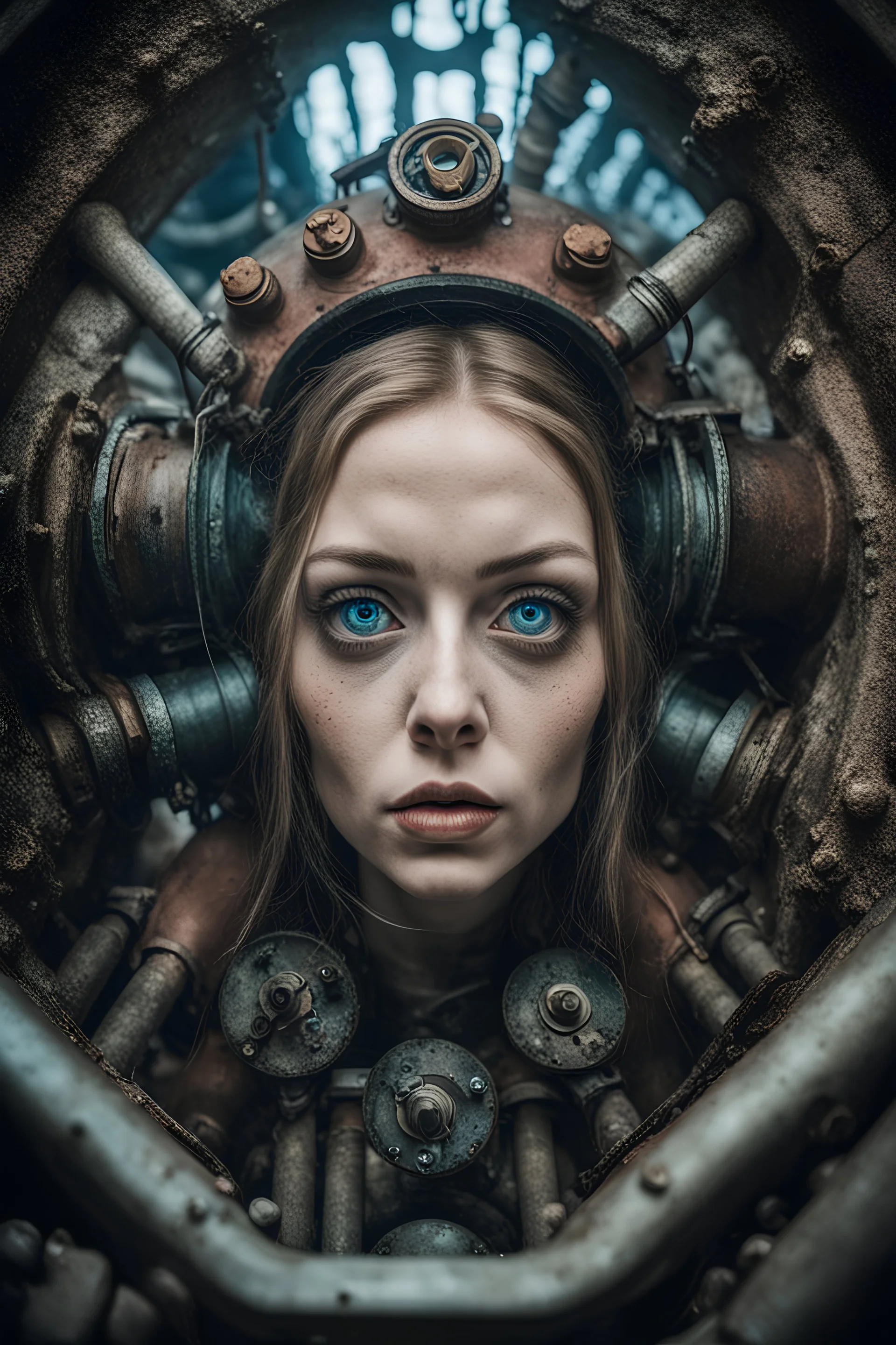 Closeup Girl with big blue eyes, fullbody, dieselpunk, valves rising from the ground, the perspective looking up from the bottom of an empty well , Underwater 8k, macro photography by <John Kenn Mortensen>, darkred tones,
