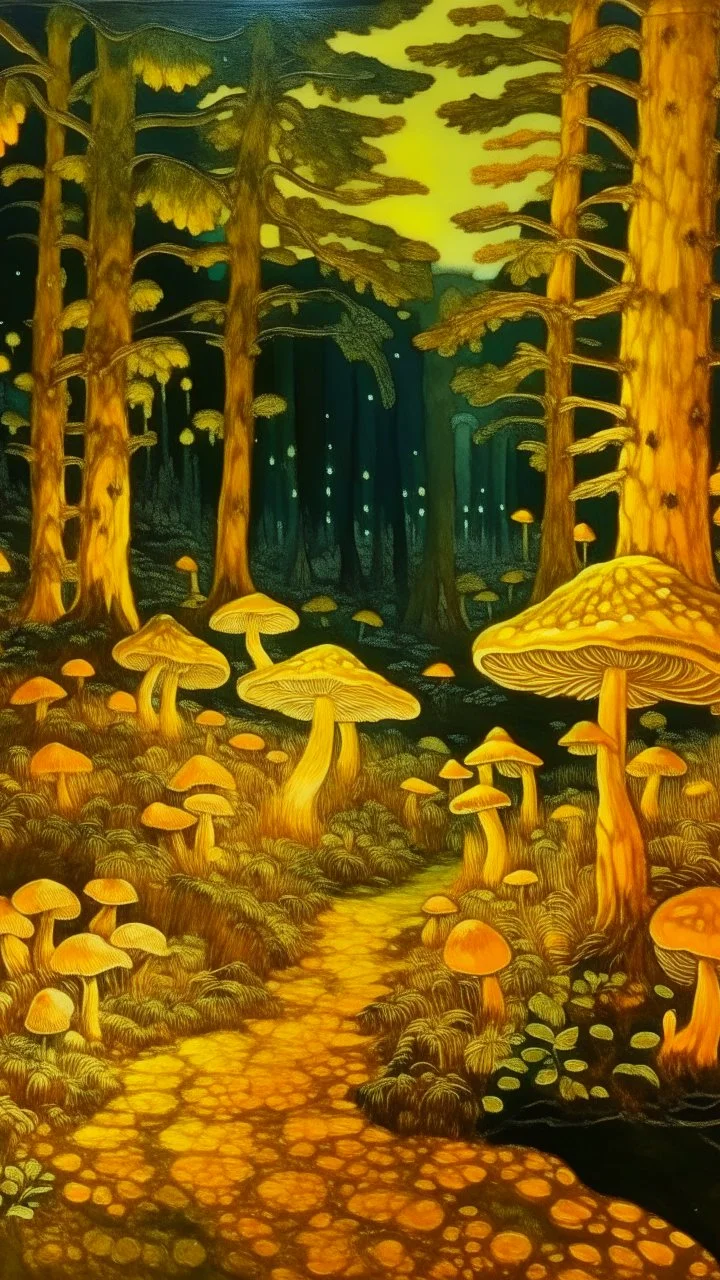 A yellow forest filled with glowing mushrooms painted by Vincent van Gogh