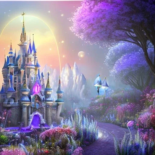 un grand château subtil en cristal violet bleu dans une ambiance galactique avec une belle fée, pétales transparents, couleurs délicates, bin le premier plan, plein de détails, ambiance lumineuse douce et douce, effet de lumière, vaporwave coloré, art conceptuel, lisse, extrêmement net, photo complète du corps, chef-d'œuvre, meilleure qualité, peau bleue, yeux étincelants, peau fluorescente, yeux bleus, maquillage étincelant, longs cheveux blonds, style féerique, corps très détai