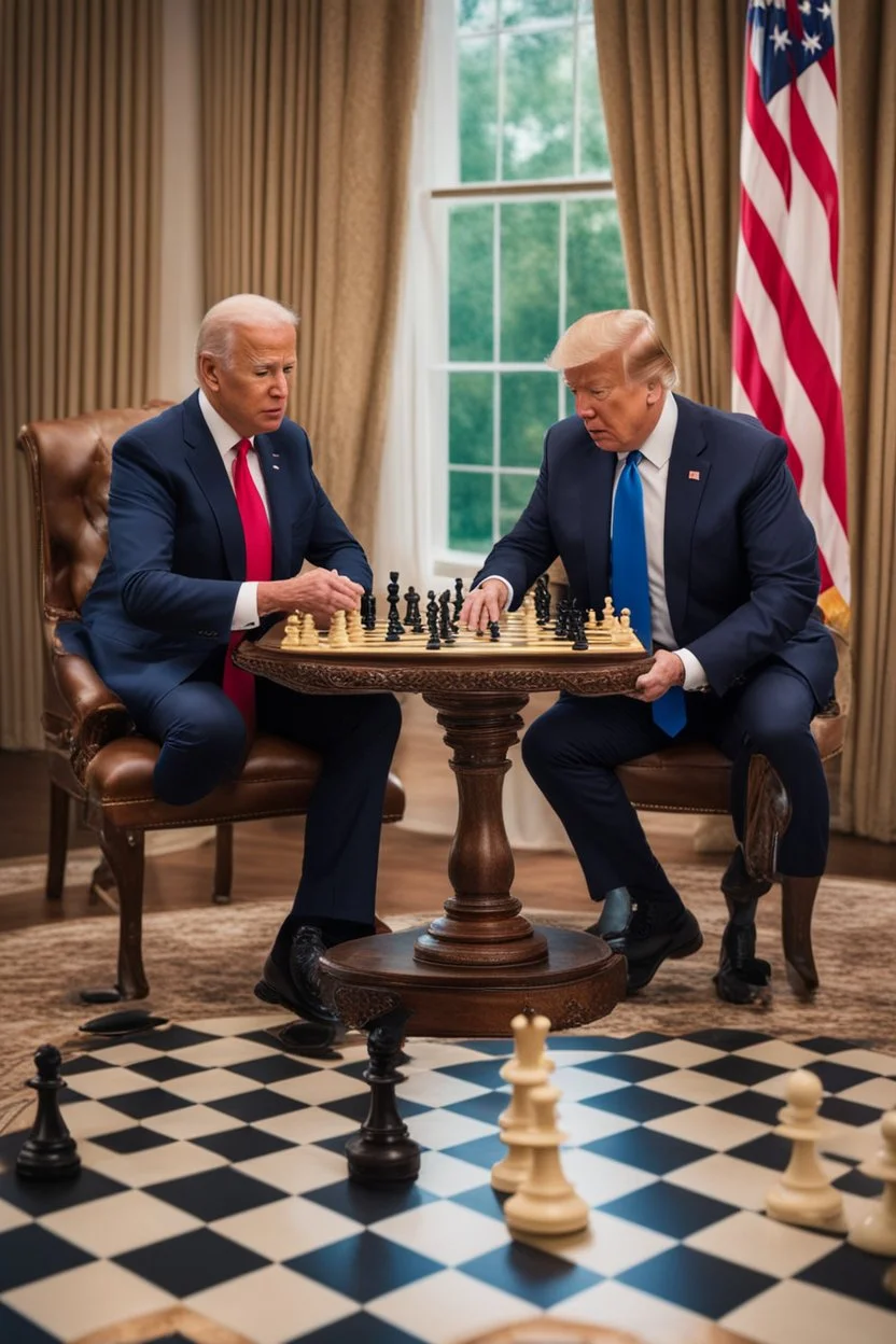 A hyper-realistic photo, Joe Biden and Trump in a game of chess, the pieces on the board representing their contrasting visions for the future., 64K, hyperrealistic, vivid colors, (glow effects:1.2) , 4K ultra detail, , real photo