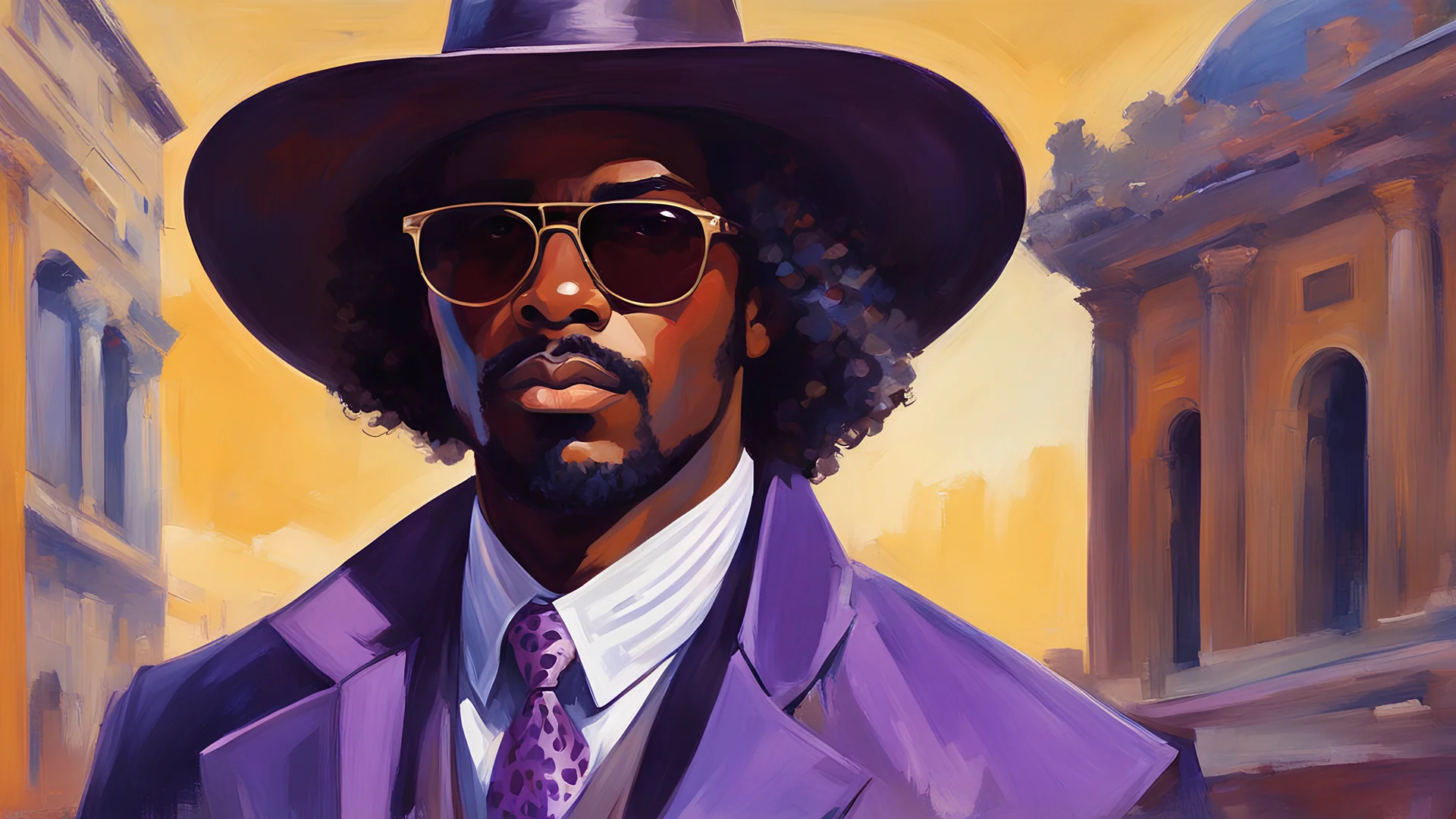 portrait of a black man in large tortoiseshell-rimmed sunglasses, narrow long face, small mustache, purple jacket and leopard tie, long hair, white cowboy hat on his head, background ancient Rome, acrylic painting, trending on pixiv fanbox, palette knife and brush strokes, style of makoto shinkai jamie wyeth james gilleard edward hopper greg rutkowski studio ghibli genshin impact