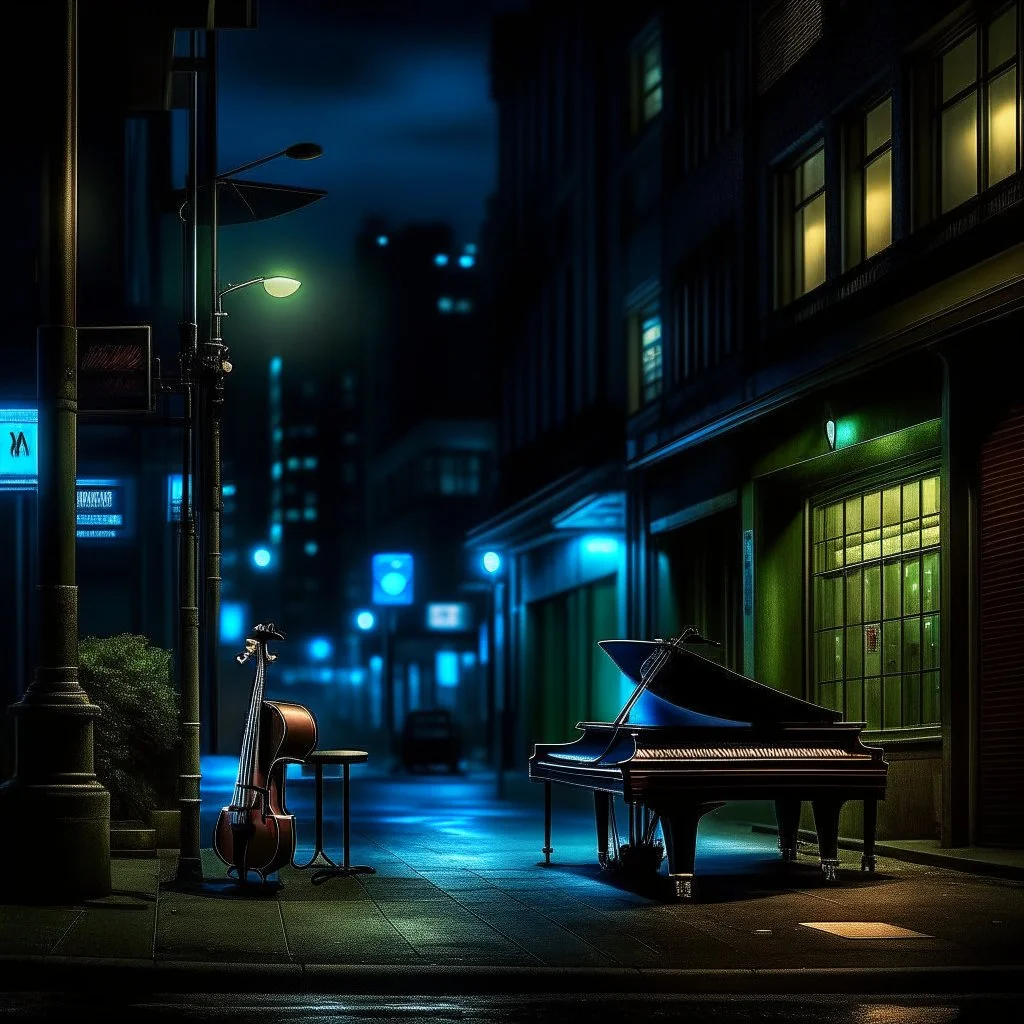 jazz vibes, city at night, lonely, dark colours, photo realistic