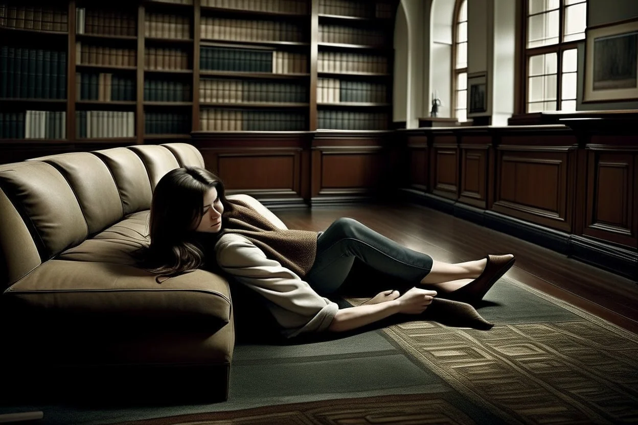 Woman reading on the floor of a library, her back leaning on a sofa, 16K, real photography, photojournalism