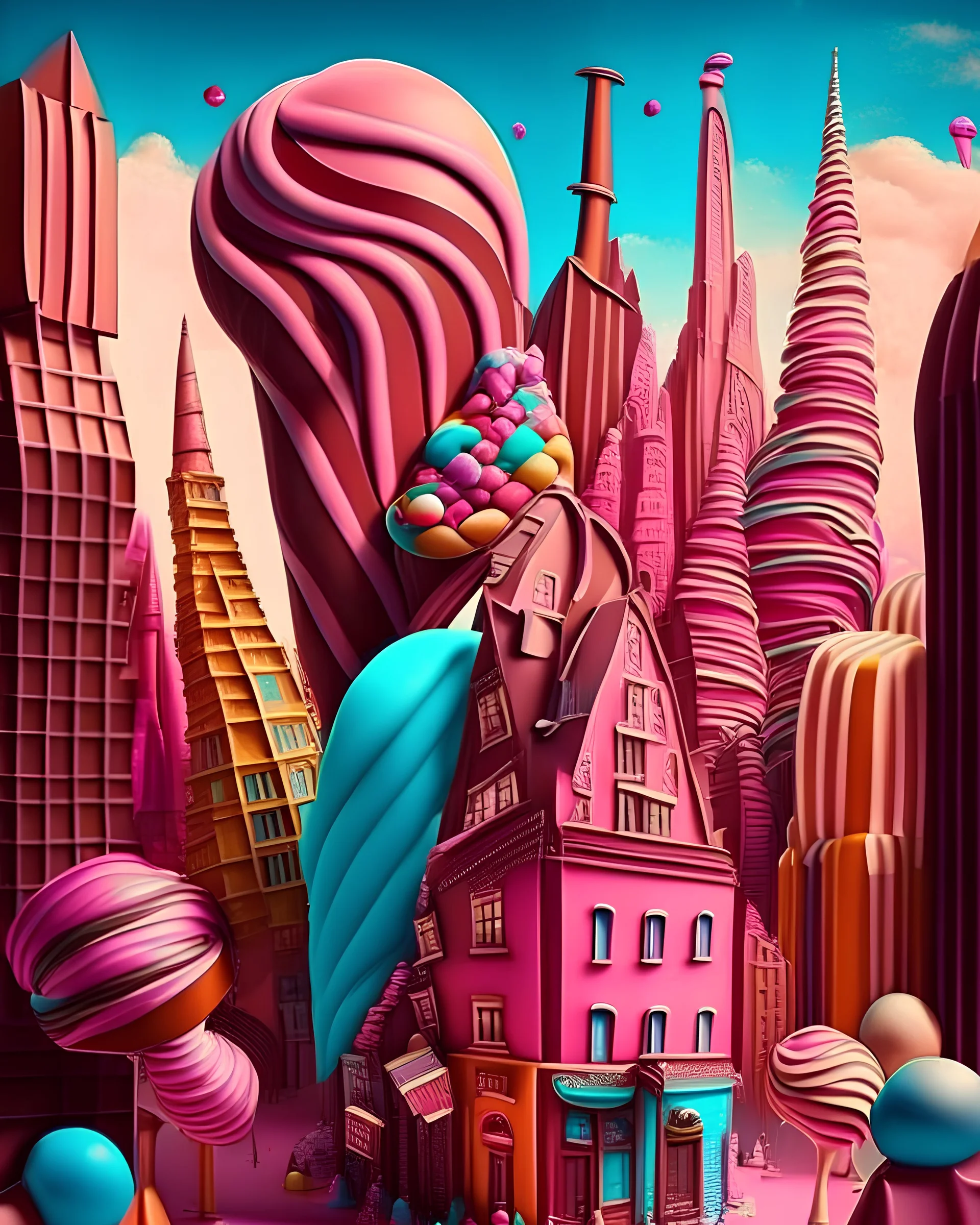 A surreal cityscape where buildings are made of candy and chocolate.