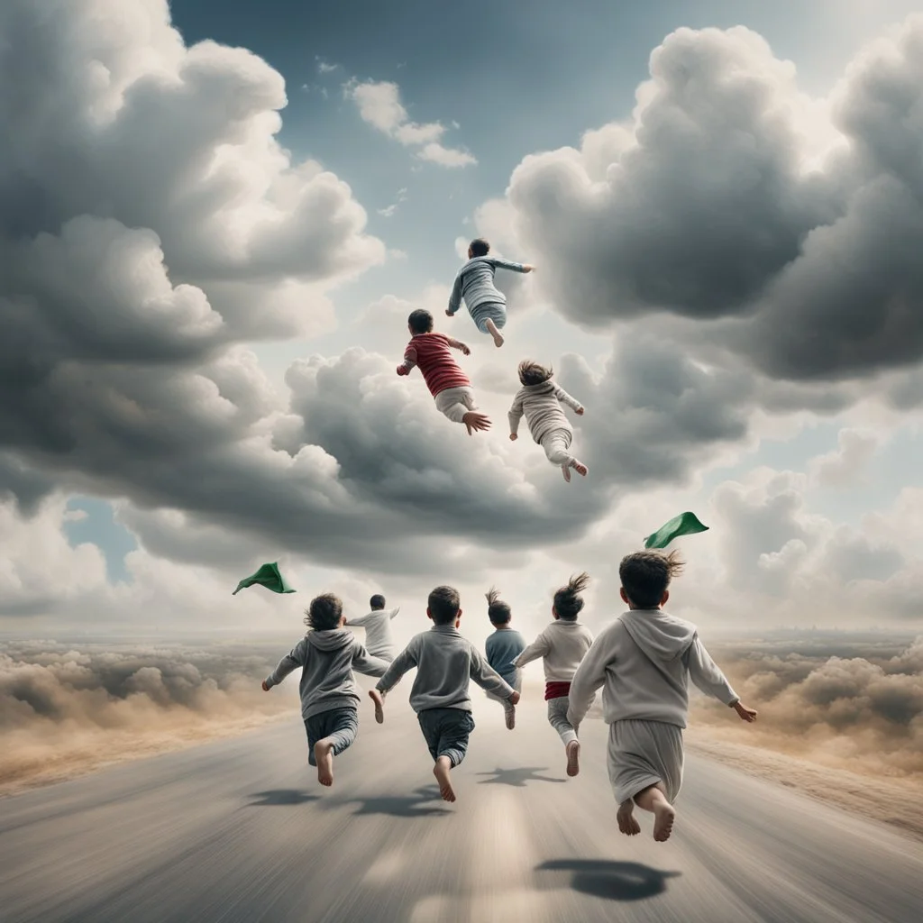 Hyper Realistic Aerial Back View Of 16 Palestinian Children (Male Female Both Palestinian Children Wearing Keffiyeh Fabric Whirling) Happily Running On Cloudy Road Towards Heaven On Sky With White Clouds Around The Children At Cloudy-Day Environment Showing Dramatic & Cinematic Ambiance.