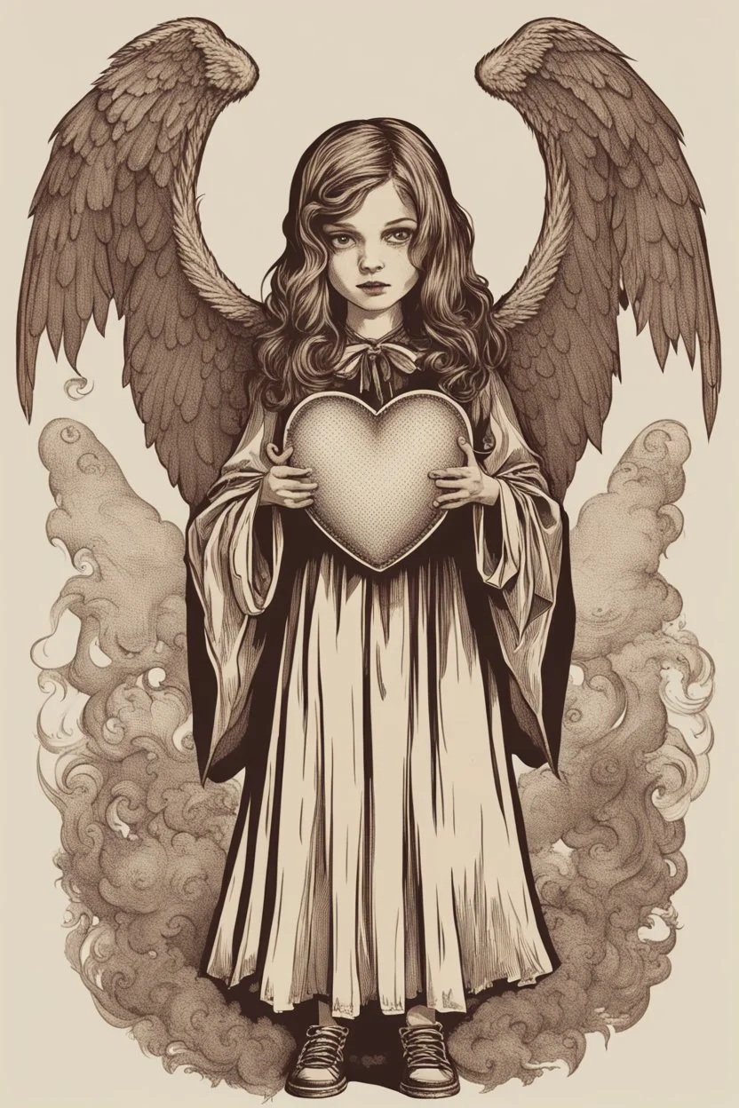 Wizard Halloween vintage girl with heart in her hands, half demon and half angel,