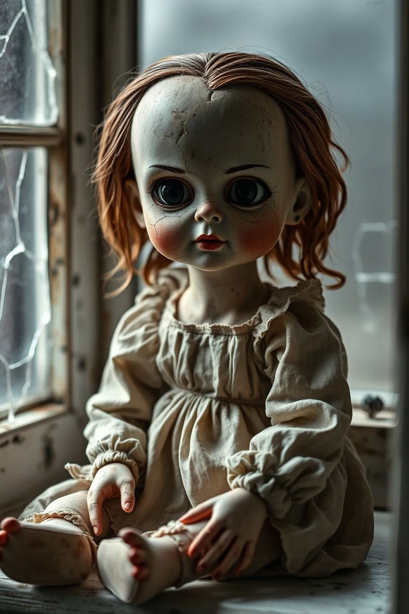 ooking at the camera a high realistic porcelain doll, old, dirty with old dress, sitting on shelf, in background blur cracked window. The figure has cracked face and head, and big black eyes. High contrast, cinematic, thriller, dark, atmospheric. Surreal style , perfect composition, sharp focus, intricate details, crepy stunning