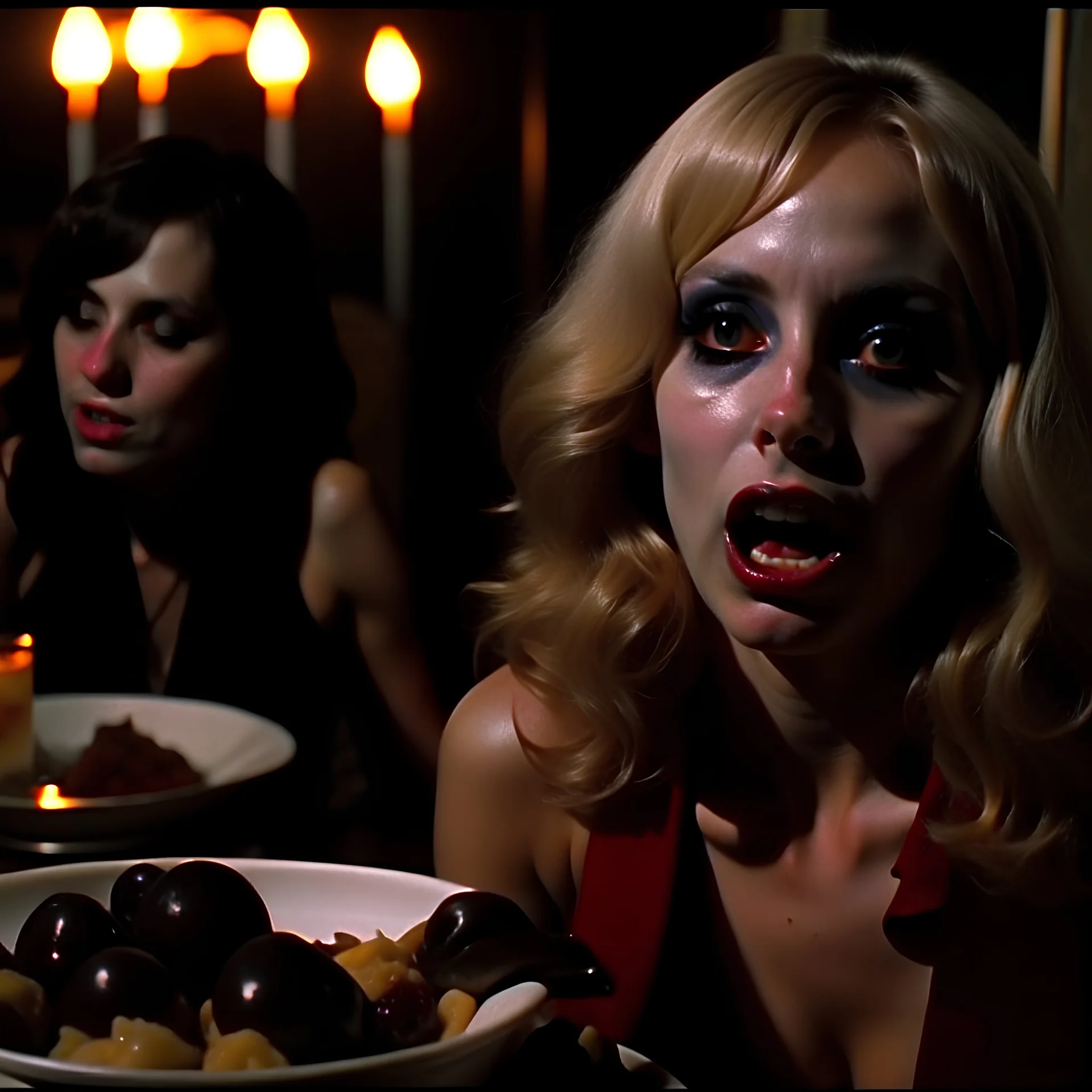 Horror movie shot, spooky, hot, ultra realistic, dine, horns, ultra realistic hot blonde prosperous women, year-end party, pieces of meat, organs, ail, dynamic, very excited people, hypermaximalist figures, light, 1970's Italian horror movie, sinister,, Dario Argento, Stanley Kubrik, ornate, 4k, photorealism