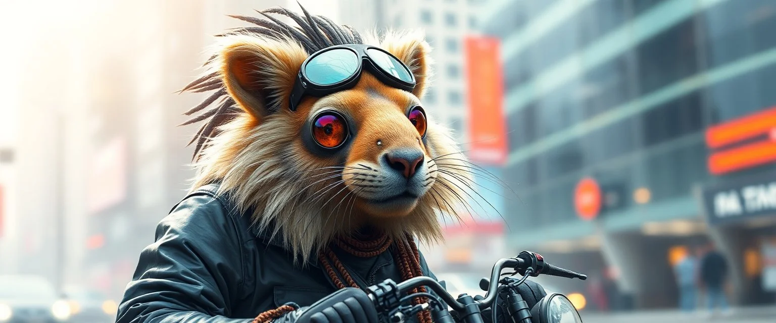 transparent biker weasel rasta man with cute fur, in big cyberpunk city crossover, volume light and motion blur, airbrush and pen outline