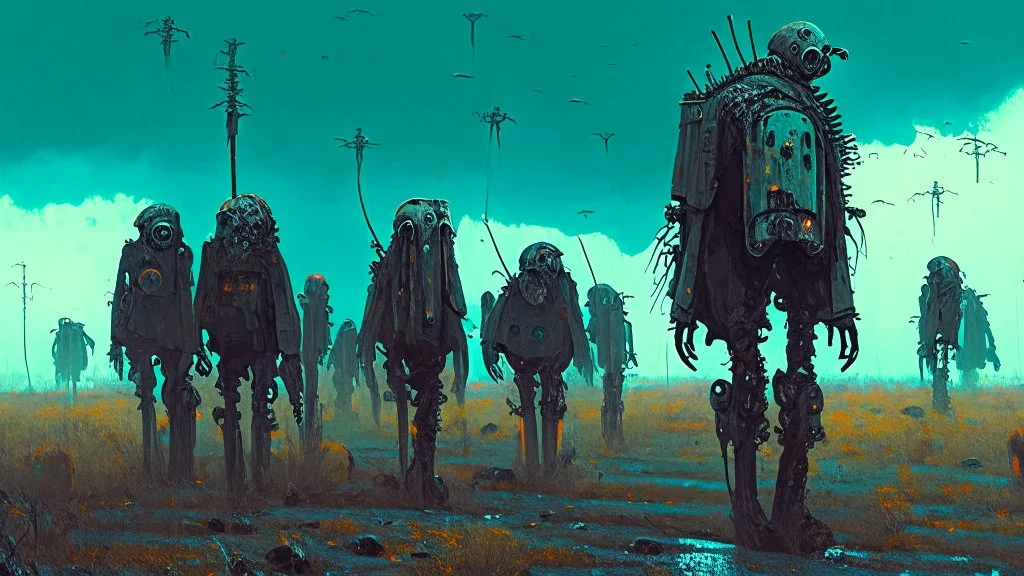 Army of the dead marching, post apocalyptic Harsh clothing, ((holographic grunge cyborg robot army)), RAW, gritty, high exposure, high contrast, analog indie horror, (science fiction painting, Simon stålenhag, Denis Sarazhin, Alex Colville, Romain Trystram, Christopher Shy, Alejandro Burdisio, Tye Martinez, ominous sky), metaphysical art, obscured, RAW, GRITTY, dread, retrospective art, dusk, low light, techno gothic, narrative art