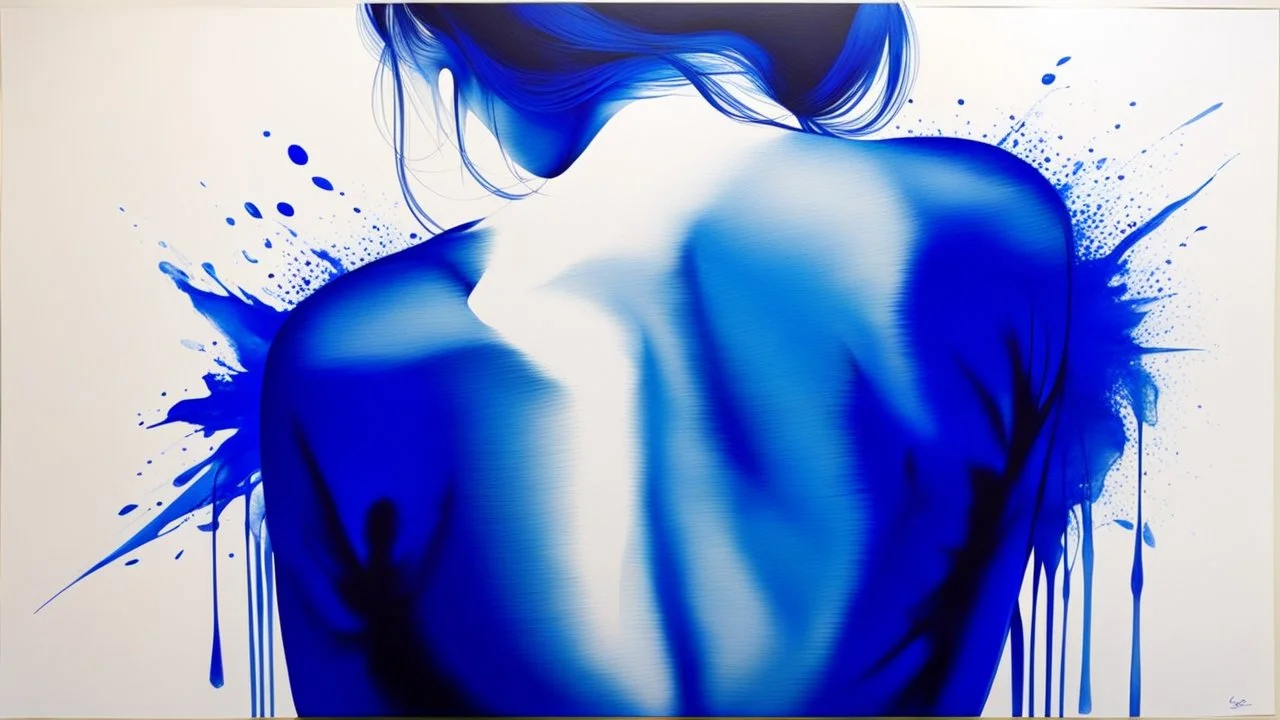 dissolving into tears: the women rear view, head bent forward, blue ink painting,