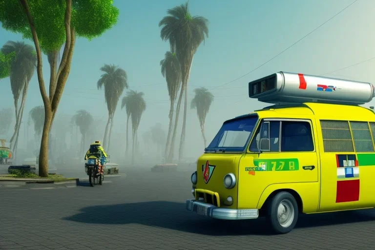 cyberpunk, ghana flag, yellow trotro, village, 8k quality