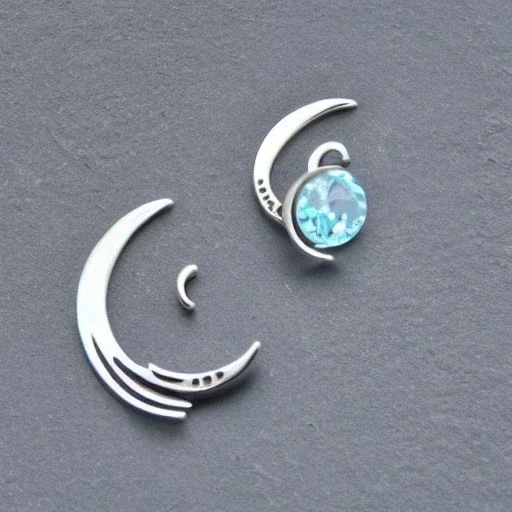 round earring, jewlery, silver, crescent moon, aquamarine, a bird, spread wings