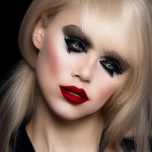 portrait of a beautiful Russian blonde woman with black eyes and a long fringe, square face and full lips