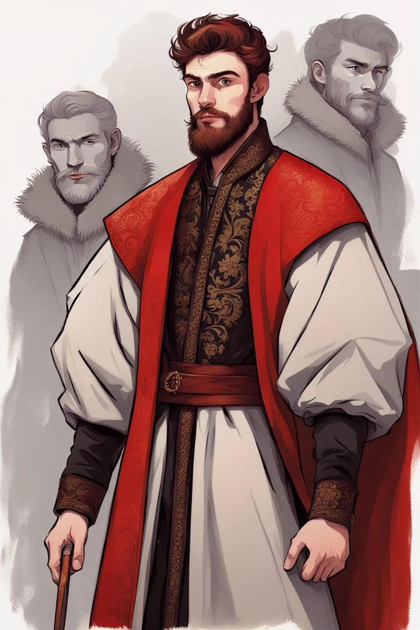 man, age 20, medieval, fighter, russian, croocked nose, czar, rich, simple clothes, short messy hair, thick beard, oligarch, leather coat with fur, brocade clothes, pencil drawing, black or red hair