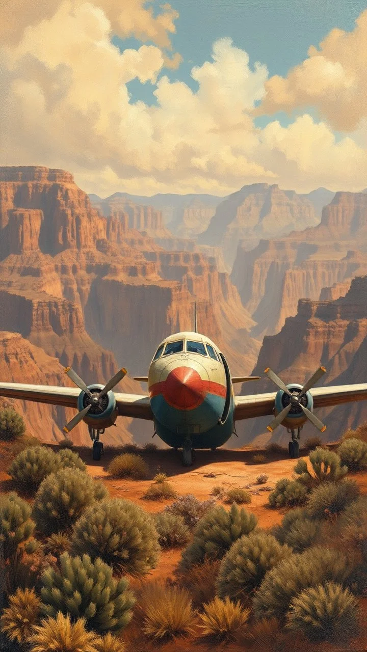 A 1950 commercial airplane with broken glass and doors in front of crashed in the bottom of the Grand Canyon valley, in surrendered by the high Grand Canyon mountains the desert, in a forgotten battlefield over run by vegetation, cutesy tiktok detailed oil painting, grainy, old style