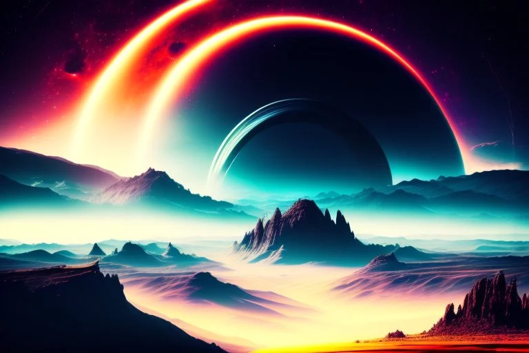 Alien landscape with Epic explanet with rings in the sky, valley, cinematic