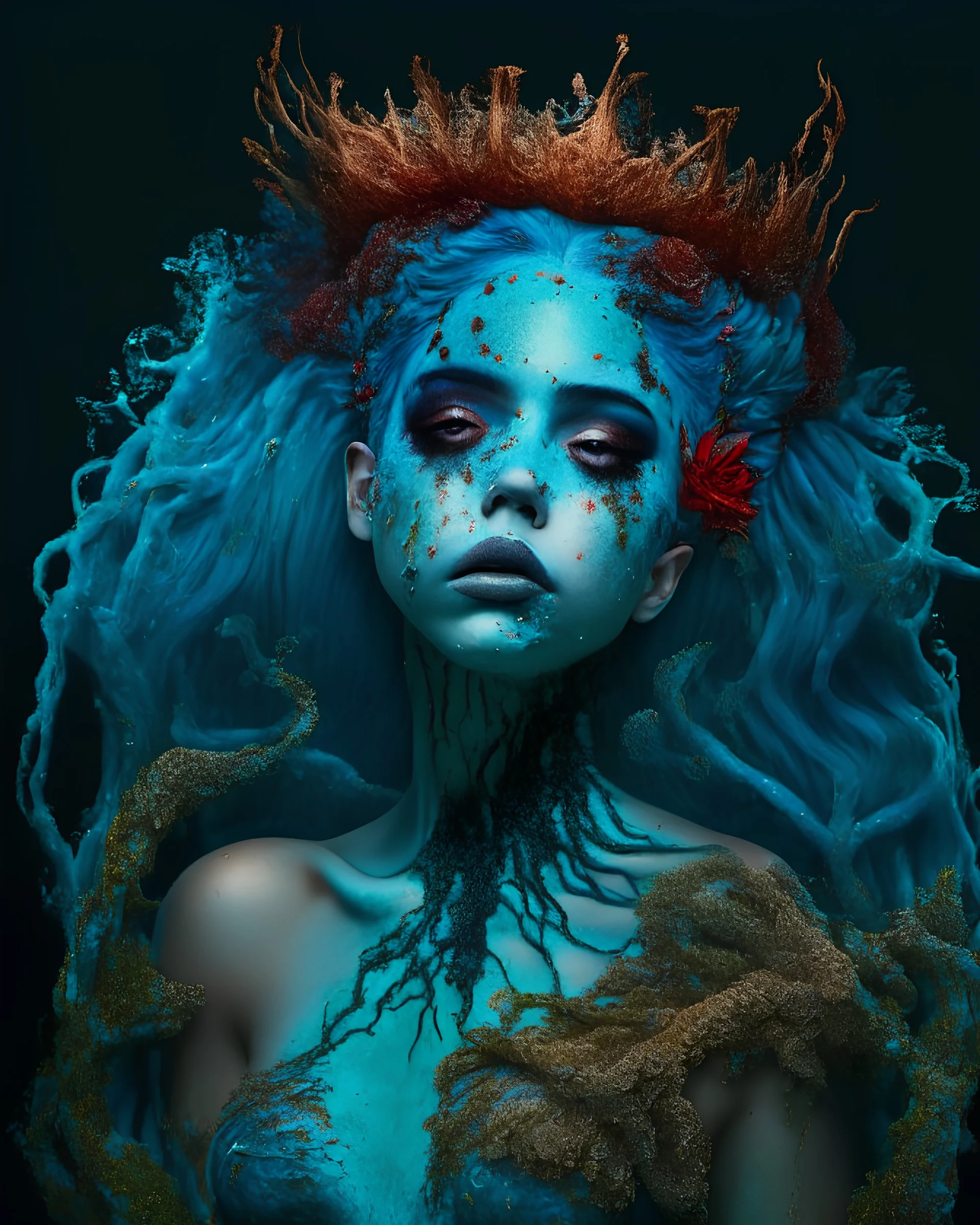 Dead beautiful mermaid with blue hair and brown eyes coral crown coral and water algae on body and black background