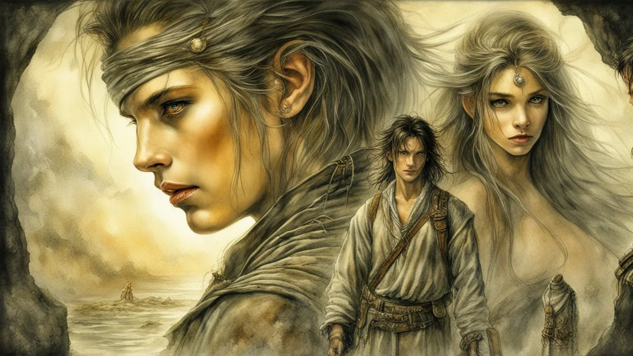 Hyper-photorealistic watercolor art style by Luis Royo, A dark cave lit only by oil lamps, a stone altar, animal skins, a young man and a girl, hyperdetailed face, full body diagonal shot, encounters male bandits in dark fantasy countryside setting, absence of mysterious elements, dramatic lighting, ultrafine detail, octane rendering., darkness world