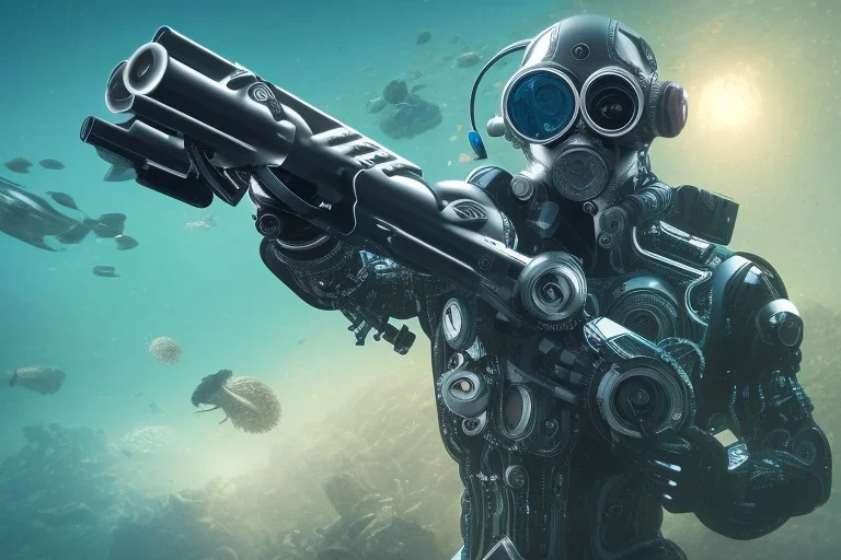 diver like a cyborg,with gun,hi quality detail,textures,cinematic,aqua