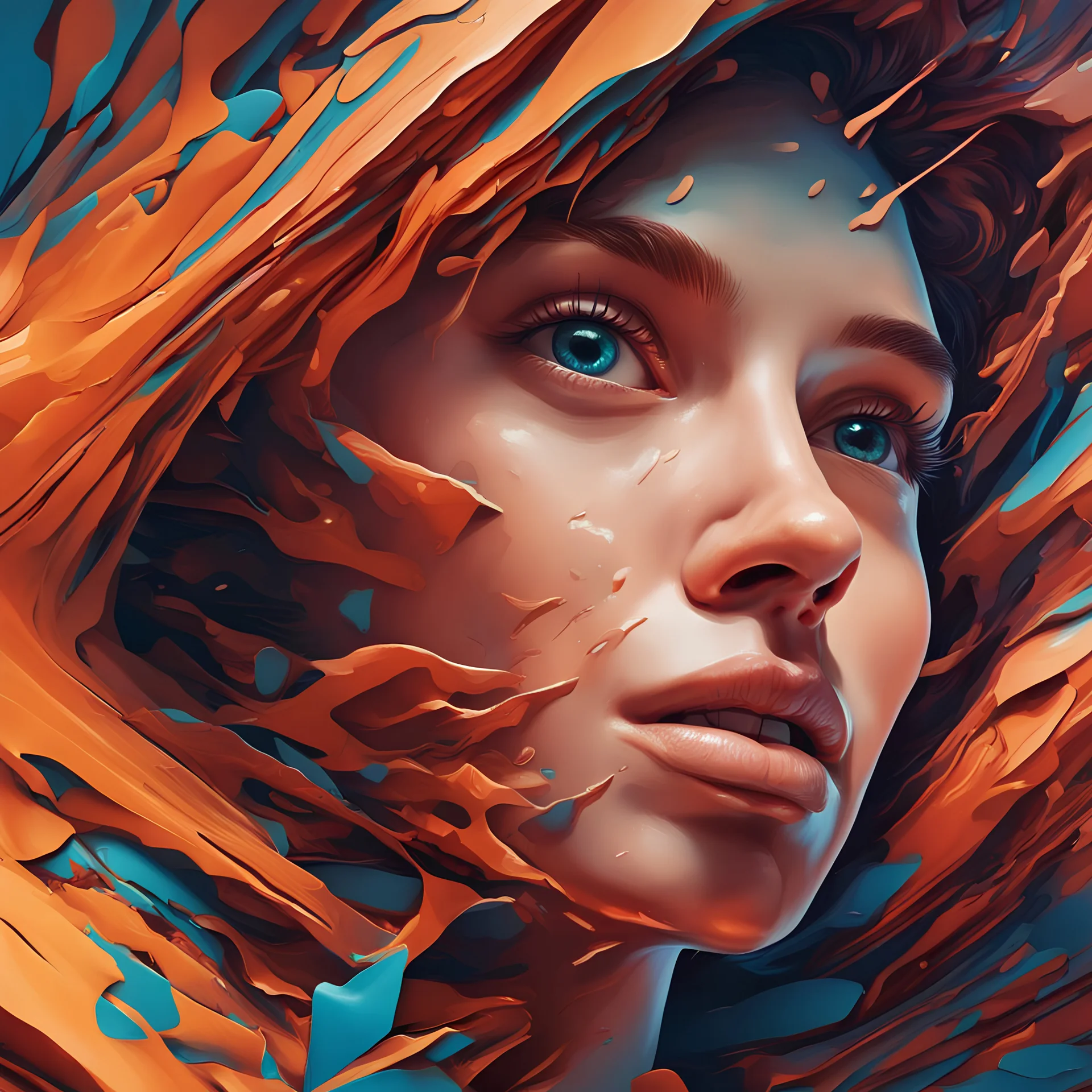 Ultra close insanely detailed face of a beautiful woman emerging from a 3d abstract background, Hyperrealistic, splash art, concept art, mid shot, intricately detailed, color depth, dramatic, 2/3 face angle, side light, colorful background