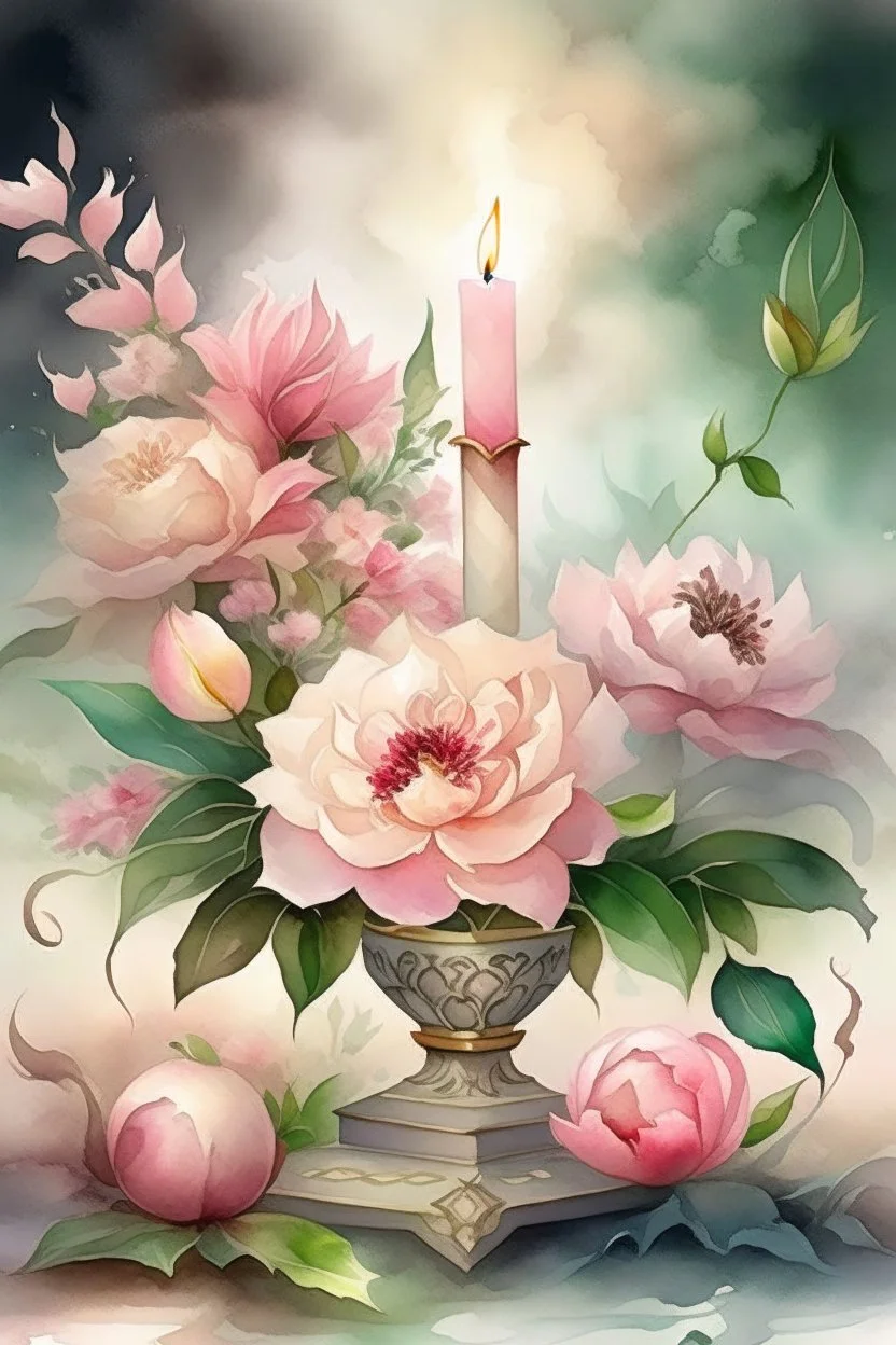 MAGIC A PYRAMID CANDLE IS BURNING AROUND WONDERFUL FLOWERS English watercolor, Smoky cream, pale gray, pale pink, pink background. bright light, a bouquet of roses on the table are pale pink, pale bordeaux, white, ochre. green stems, the light is translucent. Watercolor, fine ink drawing, peonies in an hourglass, elegant gold inlay, rich interior