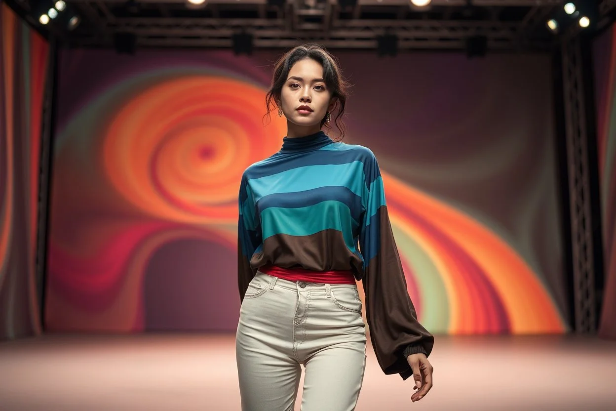 beautiful lady in sureal stage made of random size sphers with helical strip colors in clothing similar to environment fullbody posing to camera