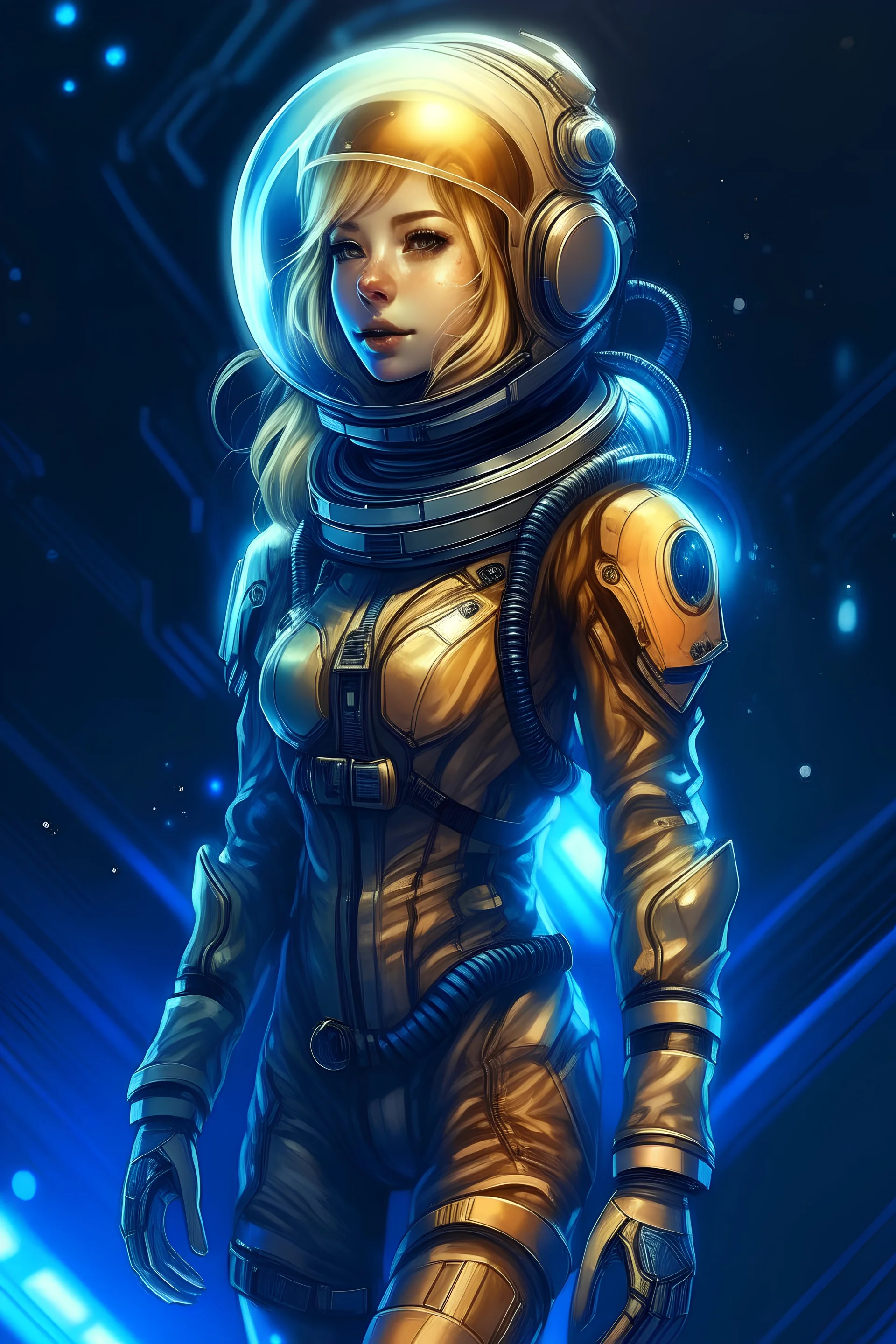 full body view, a woman in a space suit with a helmet on, armored astronaut girl, portrait anime space cadet girl, beautiful woman in spacesuit, girl in space, blonde girl in a cosmic dress, in spacesuit, futuristic astronaut, portrait beautiful sci - fi girl, glowwave girl portrait, scifi woman, wearing futuristic space gear, jen bartel, glowing spacesuit, pink hair, look at camera
