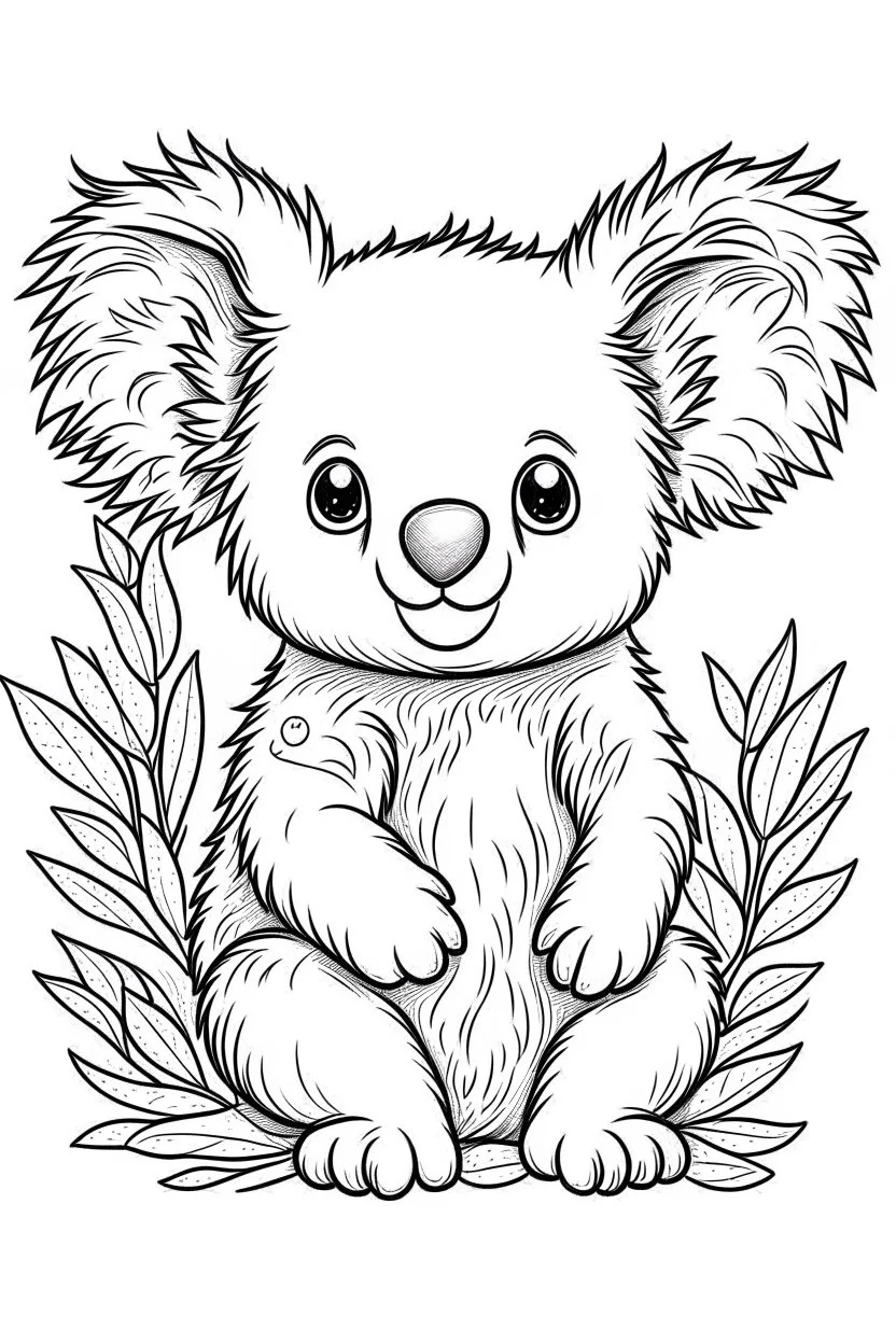 cute coloring page, sketch style, cute baby koala in the jungle, cute cartoon, white and black, withe background, no shadows, outline.