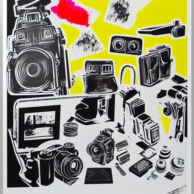 elements of photographic equipment. poster graphics. high detailed. acrylic painting and ink.