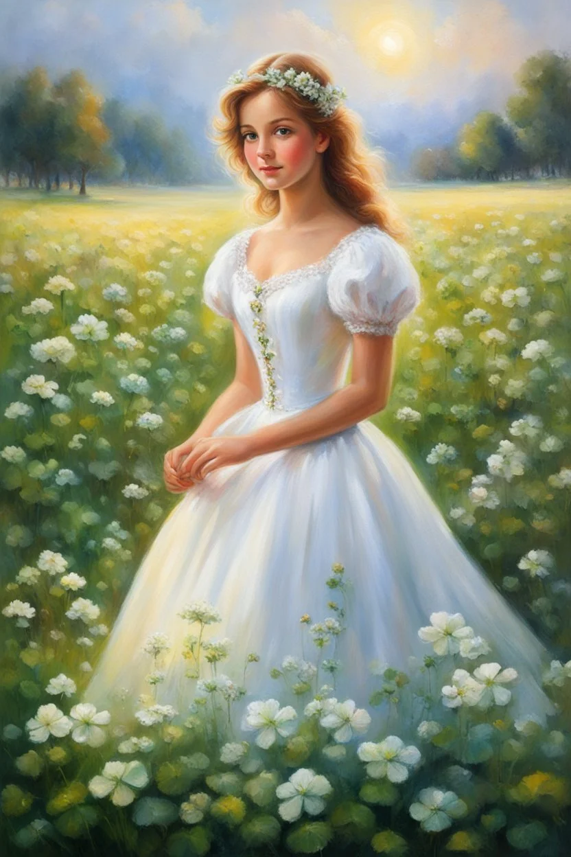 A beautiful girl in a white dress sits surrounded by a field of clover. Masterpiece, best quality, oil pastel style, oil pastel painting, inspired by Thomas Kinkade, beautiful details, painted by Willem Haenraets, high quality, 4k