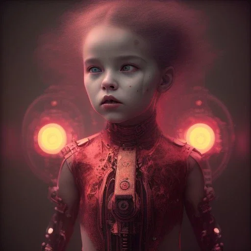 a little girl with a cyborg brain and a lot of red liquid, steam punk, scary, horror, realistic, made in octane, cinematic, ultra-realistic, extremely detailed octane rendering, 8K, VRAY Super Real ar 2:3, dof photorealistic futuristic 50mm lens hard lighting dark gray tintype photograph, realistic lighting, sephia colors