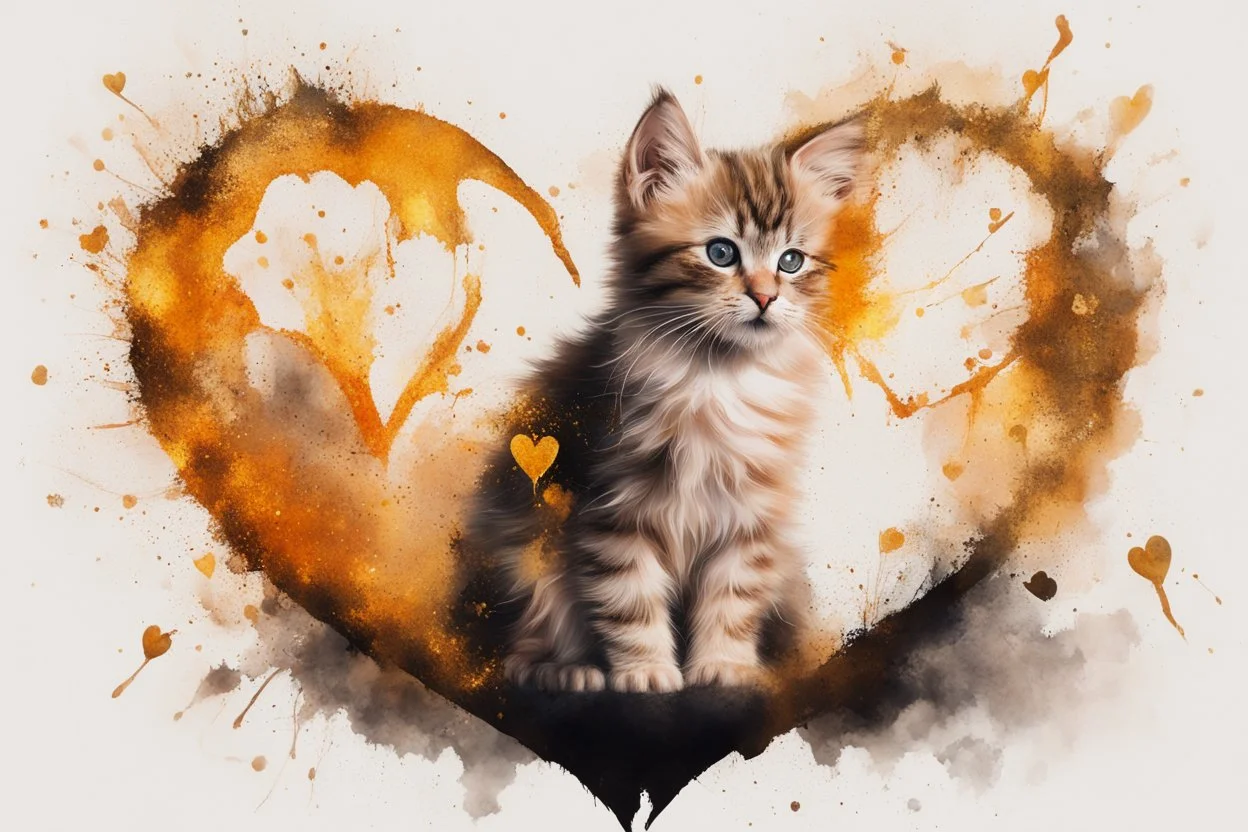 double exposure, merged layers, kitten with dynamically blazing fire in ochre, ink splatter art, watercolor and ink, golden glitters, double exposure heart and love