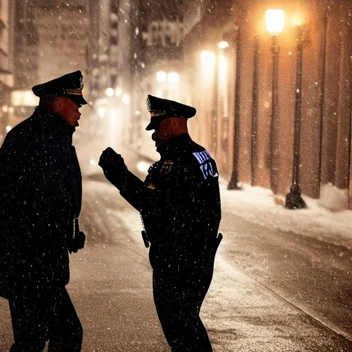 large muscular police officer, speaking, to a muscular man wearing a trench coat, downtown snowy new york at night, dramatic, dramatic lighting, volumetric lighting, hyperrealism, 8k, high quality, photorealistic, lot of details