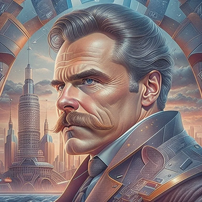 Best quality, masterpiece, ultra high definition,Futuristic, cyberpunk, Friedrich Nietzsche,Comic style