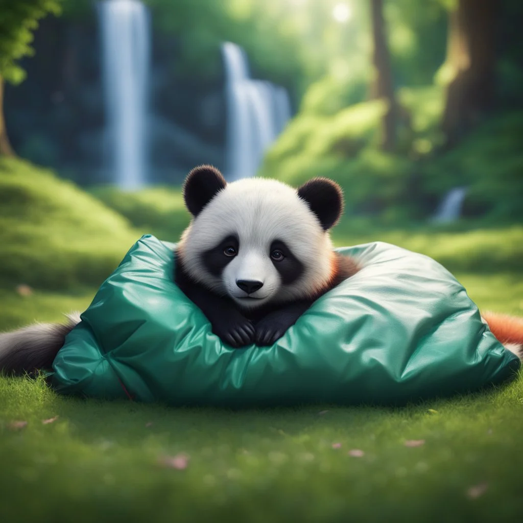 pen outline, waterfall, panda fox racon in luxury sleeping bag on green lawn in magical forest ,bokeh like f/0.8, tilt-shift lens 8k, high detail, smooth render, down-light, unreal engine