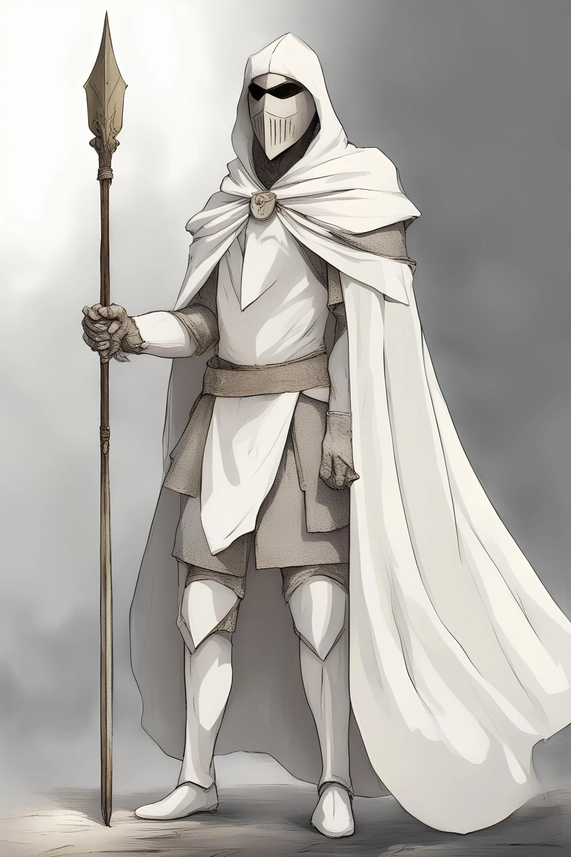 Knight wearing white robes and white cape with white mask, holding a spear