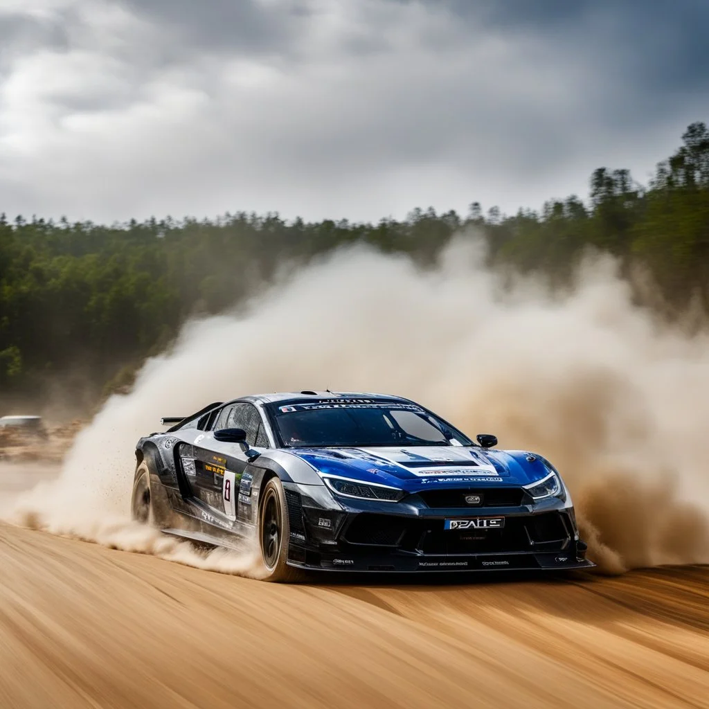 dramatic epic photography ralli art championship supercar race, facing front supercar ,full sticker name DV race decorations,on the way high speed drifting and jumping,on dune and watery spray and dirt roads forest